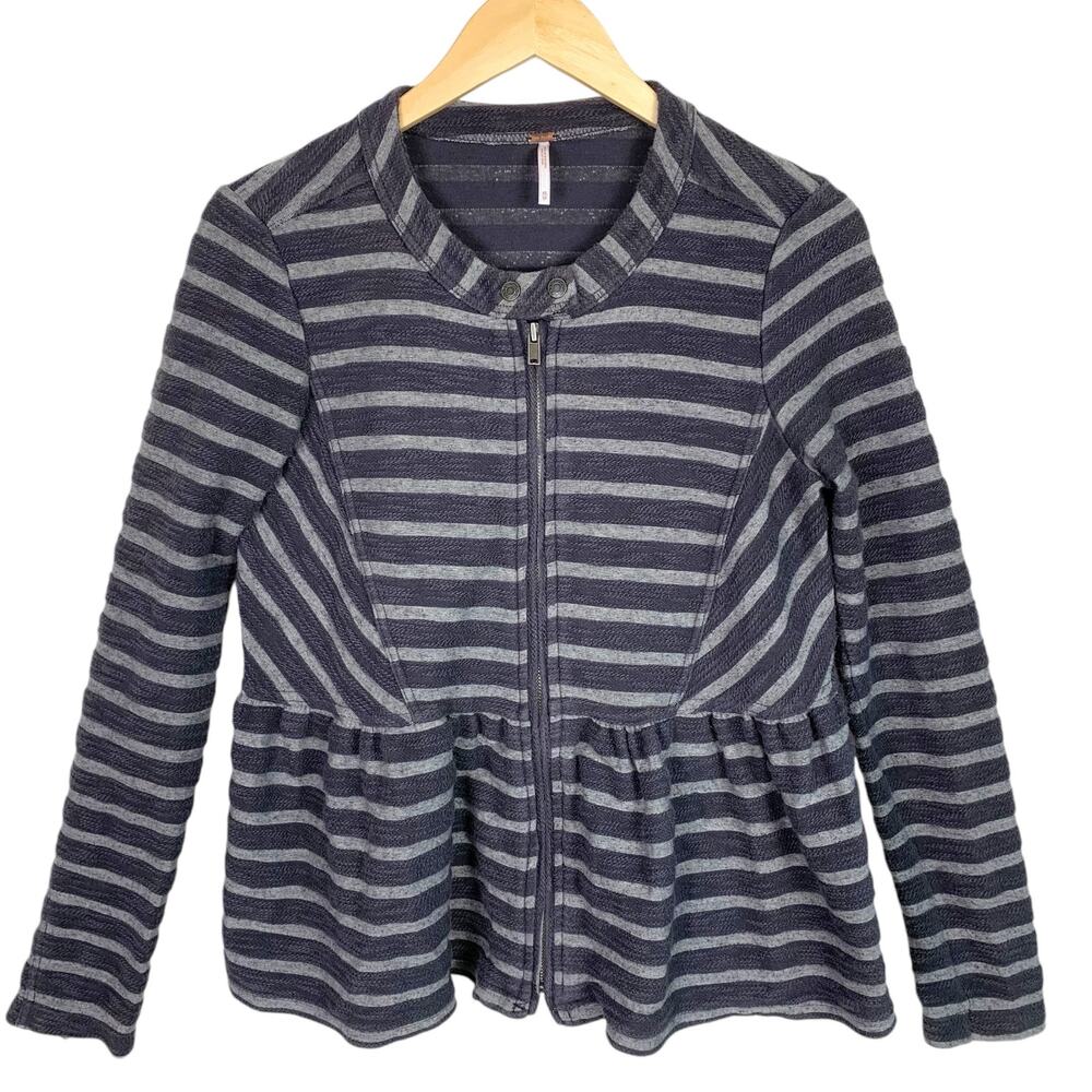 FREE PEOPLE Women's XS Gray and Dark Gray Stripe Peplum Zip Up Jacket